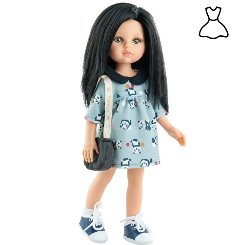 Oryginalne ubranko Paola Reina dla lalki 32 cm Amigas 54482 jasnoniebieska sukieneczka we wzorki z czarnym kołnierzykiem, majteczki, skarpetki, torebka na ramię