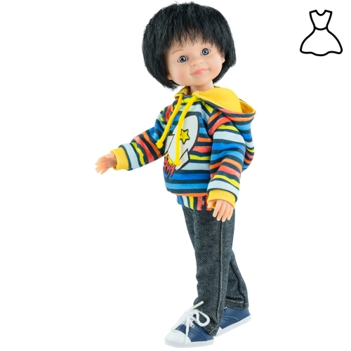 Oryginalne ubranko Paola Reina dla lalki 32 cm Amigas 54487 bluza z kapturem w kolorowe paseczki, szare spodnie