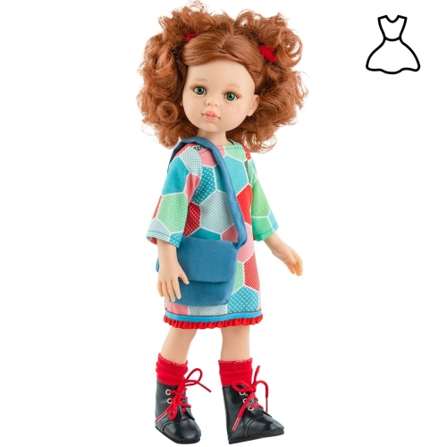 Oryginalne ubranko Paola Reina dla lalki 32 cm Amigas 54492 sukienka w geometryczne wzory, czerwone skarpetki, majteczki, niebieska torebka na ramię