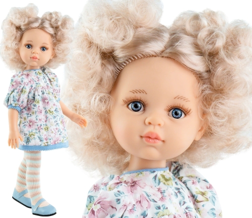 Lalka Hiszpańska 32 cm Paola Reina Amigas 04483 Mari Pili, klasyczna, cała z winylu, niebieskie oczy, białe perłowe z odcieniem różu włosy do ramion, sukienka w kwiatuszki, rajstopki w paseczki, niebieskie buciki