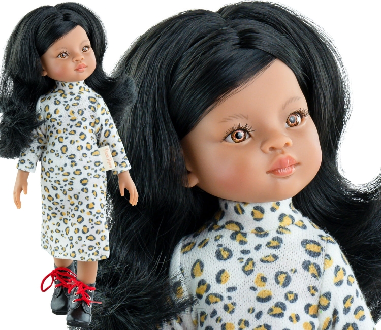 Lalka Hiszpańska 32 cm Paola Reina Amigas 04484 Ana Maria, klasyczna, cała z winylu, ciemna skóra, bursztynowe oczy, czarne lekko falowane włosy, sukienka, wiązane czarne buciki