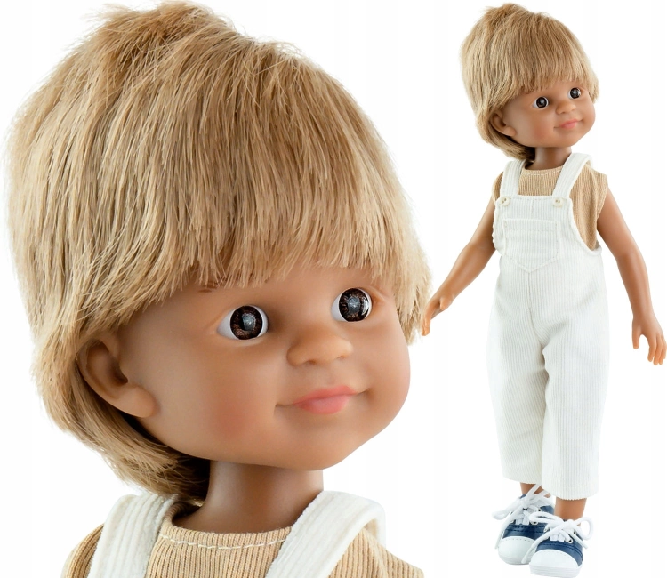 Lalka Hiszpańska 32 cm Paola Reina Amigas 04493 Martin, klasyczna, cała z winylu, brązowe oczy, blond włosy, koszulka, sztruksowe spodnie ogrodniczki, trampki