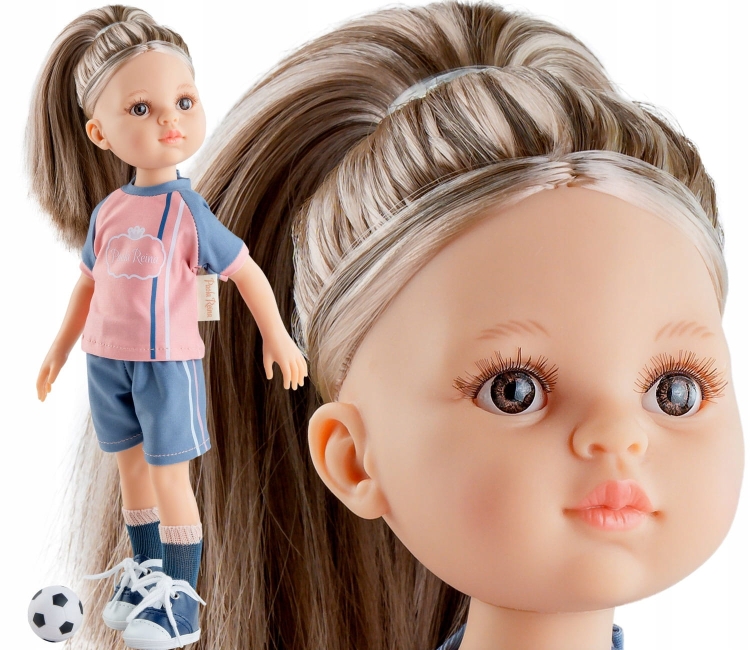 Lalka Hiszpańska 32 cm Paola Reina Amigas 04663 Monica futbolistka, klasyczna, cała z winylu, brązowe oczy, proste brązowe z jasnymi pasemkami włosy, strój piłkarki: bluza, spodenki, podkolanówki, trampki