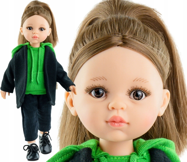 Lalka Hiszpańska 32 cm Paola Reina Amigas 04486 Berta, klasyczna, cała z winylu, brązowe oczy, ciemnoblond włosy, bluza z kapturem, kurtka, spodnie, skarpetki, buciki