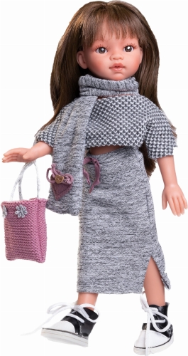 Lalka Hiszpańska 33 cm Antonio Juan 25300 Emily, klasyczna, cała z winylu, w ubranku, brązowe włosy z grzywką, rzęsy