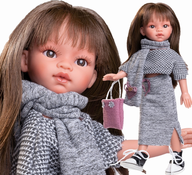 Lalka Hiszpańska 33 cm Antonio Juan 25300 Emily, klasyczna, cała z winylu, w ubranku, brązowe włosy z grzywką, rzęsy