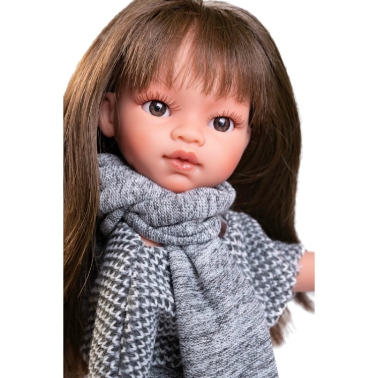 Lalka Hiszpańska 33 cm Antonio Juan 25300 Emily, klasyczna, cała z winylu, w ubranku, brązowe włosy z grzywką, rzęsy