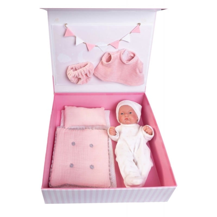 Lalka Hiszpańska 26 cm Antonio Juan 84094 Pitu, bobas cały z winylu, dziewczynka, bez włosów, w ubranku, dodatkowe ubranko, pościel
