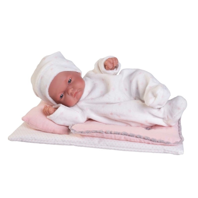 Lalka Hiszpańska 26 cm Antonio Juan 84094 Pitu, bobas cały z winylu, dziewczynka, bez włosów, w ubranku, dodatkowe ubranko, pościel