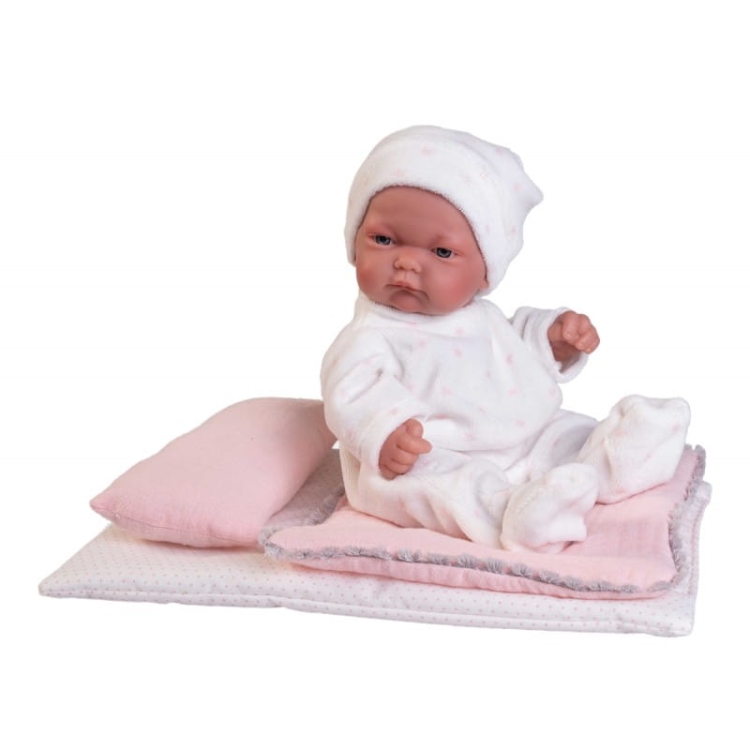 Lalka Hiszpańska 26 cm Antonio Juan 84094 Pitu, bobas cały z winylu, dziewczynka, bez włosów, w ubranku, dodatkowe ubranko, pościel