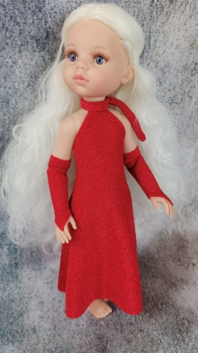 Sukienka Glamur i długie rękawiczki dla lalki Paola Reina Amigas 32 cm, czerwona, błyszcząca, elastyczna, wiązana na szyi