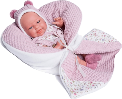 Lalka Hiszpańska 33 cm Antonio Juan 60248 Clara, uśmiechnięty bobas cały z winylu, dziewczynka, bez włosów, rzęsy, w ubranku, smoczek, wiązany kocyk / kołderka