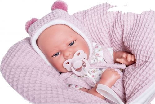 Lalka Hiszpańska 33 cm Antonio Juan 60248 Clara, uśmiechnięty bobas cały z winylu, dziewczynka, bez włosów, rzęsy, w ubranku, smoczek, wiązany kocyk / kołderka