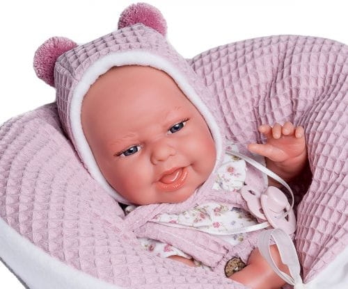 Lalka Hiszpańska 33 cm Antonio Juan 60248 Clara, uśmiechnięty bobas cały z winylu, dziewczynka, bez włosów, rzęsy, w ubranku, smoczek, wiązany kocyk / kołderka