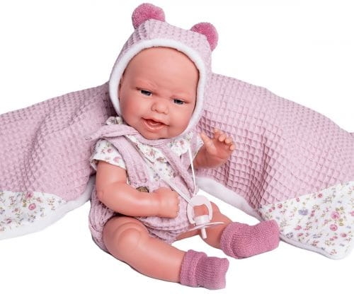 Lalka Hiszpańska 33 cm Antonio Juan 60248 Clara, uśmiechnięty bobas cały z winylu, dziewczynka, bez włosów, rzęsy, w ubranku, smoczek, wiązany kocyk / kołderka