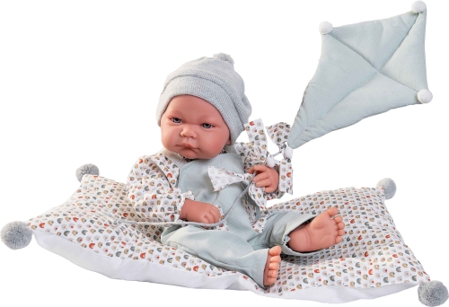 Lalka Hiszpańska 42 cm Antonio Juan 50394 Nico, bobas cały z winylu, chłopiec, bez włosów, rzęsy, w ubranku, zabawka latawiec, poduszka z pomponikami