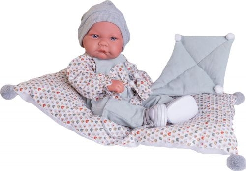 Lalka Hiszpańska 42 cm Antonio Juan 50394 Nico, bobas cały z winylu, chłopiec, bez włosów, rzęsy, w ubranku, zabawka latawiec, poduszka z pomponikami