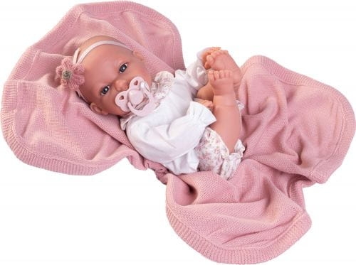 Lalka Hiszpańska 34 cm Antonio Juan 70358 Baby Toneta Posturitas, bobas, miękki brzuszek, w ciele stelaż, który pozwala na zmiany pozycji, w ubranku, smoczek, kocyk