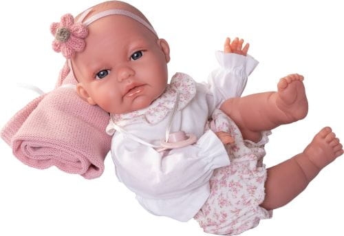 Lalka Hiszpańska 34 cm Antonio Juan 70358 Baby Toneta Posturitas, bobas, miękki brzuszek, w ciele stelaż, który pozwala na zmiany pozycji, w ubranku, smoczek, kocyk