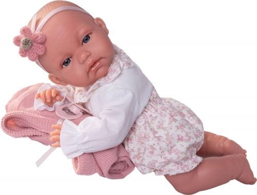Lalka Hiszpańska 34 cm Antonio Juan 70358 Baby Toneta Posturitas, bobas, miękki brzuszek, w ciele stelaż, który pozwala na zmiany pozycji, w ubranku, smoczek, kocyk