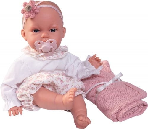 Lalka Hiszpańska 34 cm Antonio Juan 70358 Baby Toneta Posturitas, bobas, miękki brzuszek, w ciele stelaż, który pozwala na zmiany pozycji, w ubranku, smoczek, kocyk