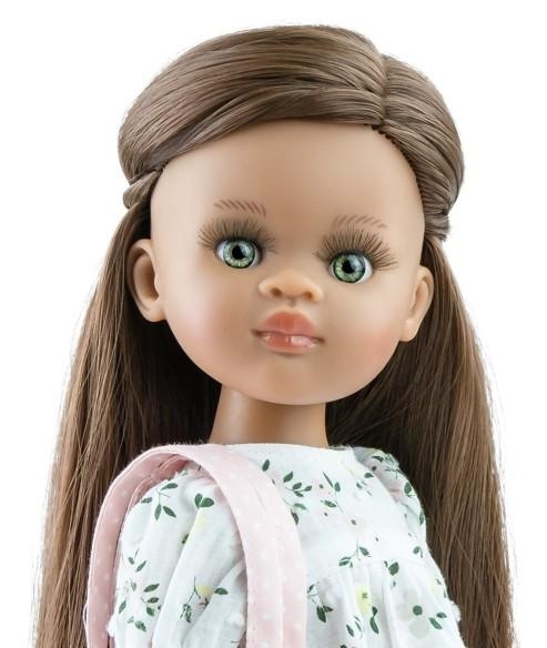 Lalka Hiszpańska 32 cm Paola Reina Amigas 04470 Simona, klasyczna, cała z winylu, ciemna skóra, zielone oczy, brązowe włosy, sukienka, majteczki, torebka, wiązane białe buciki