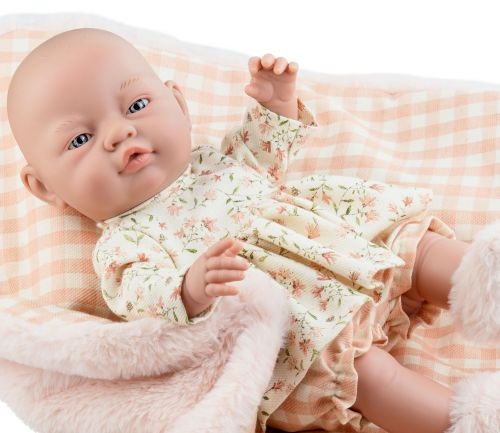 Lalka Hiszpańska 45 cm Paola Reina 05194 Bebita, bobas cały z winylu, dziewczynka, bez włosów, w ubranku, kocyk