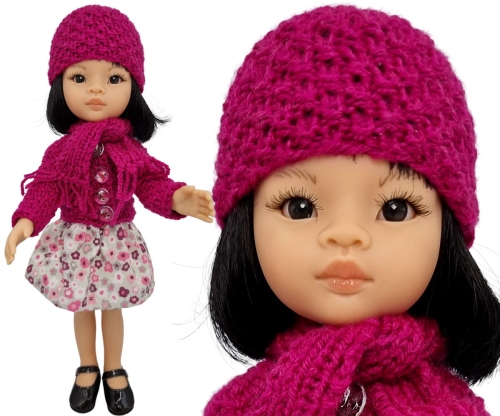 Różowy sweterek, spódniczka w kwiatuszki, różowa czapeczka i szalik dla lalki Paola Reina Amigas 32 cm