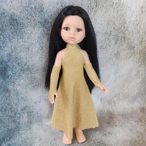 Sukienka Glamur i długie rękawiczki dla lalki Paola Reina Amigas 32 cm, złota, błyszcząca, elastyczna, wiązana na szyi