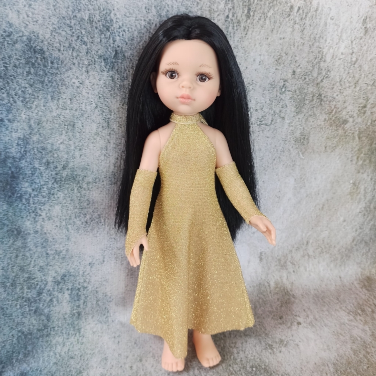 Sukienka Glamur i długie rękawiczki dla lalki Paola Reina Amigas 32 cm, złota, błyszcząca, elastyczna, wiązana na szyi