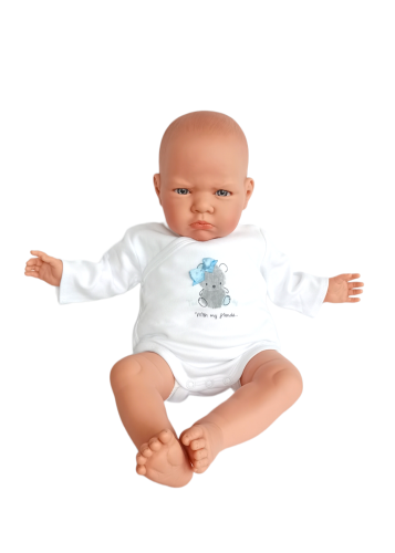 Body dla lalki Bobas 50-52 cm, białe z nadrukiem szarego misia i kokardką