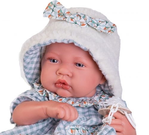 Lalka Hiszpańska 42 cm Antonio Juan 50398 Dorita, bobas cały z winylu, dziewczynka, bez włosów, rzęsy, w ubranku, smoczek, futrzana torebka na drobiazgi