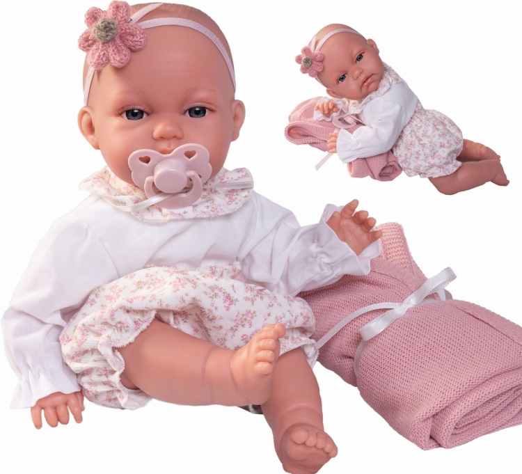 Lalka Hiszpańska 34 cm Antonio Juan 70358 Baby Toneta Posturitas, bobas, miękki brzuszek, w ciele stelaż, który pozwala na zmiany pozycji, w ubranku, smoczek, kocyk