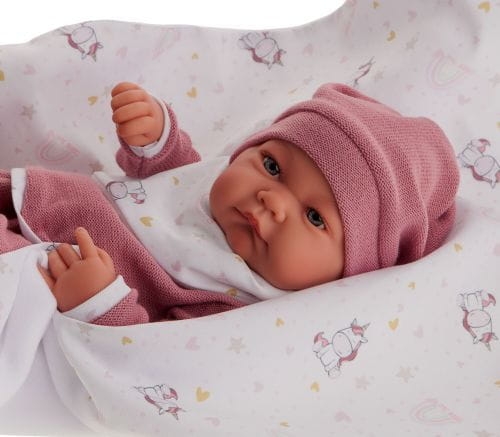 Lalka Hiszpańska 42 cm Antonio Juan 50152 Nica, bobas cały z winylu, dziewczynka, bez włosów, rzęsy, w ubranku, dwustronny kocyk