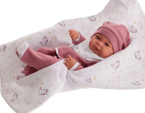 Lalka Hiszpańska 42 cm Antonio Juan 50152 Nica, bobas cały z winylu, dziewczynka, bez włosów, rzęsy, w ubranku, dwustronny kocyk
