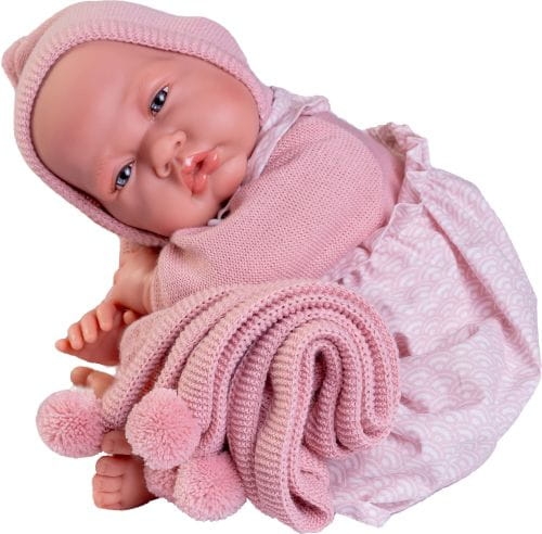 Lalka Hiszpańska 42 cm Antonio Juan 33342 Rosita, bobas miękki brzuszek, bez włosów, rzęsy, w ubranku, smoczek, kocyk z pomponikami