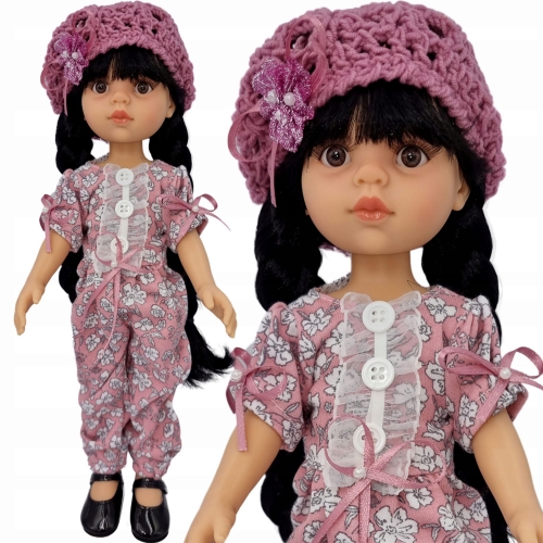 Kombinezon w kwiatuszki i beret dla lalki Paola Reina Amigas 32 cm, w kolorach pudrowego różu