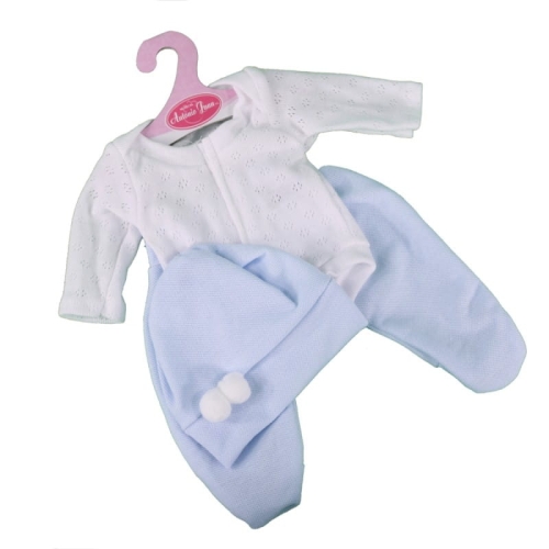 Oryginalne ubranko Antonio Juan dla lalki 27-33 cm Bobas 91033_5 białe body, niebieska czapeczka, niebieskie półśpiochy