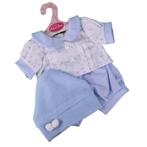 Oryginalne ubranko Antonio Juan dla lalki 42 cm Bobas 91042_25 koszulka z kołnierzykiem, krótkie niebieskie spodenki, niebieska czapeczka