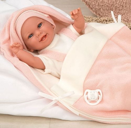 Lalka Hiszpańska 35 cm Arias 60750 bobas bez włosów miękki brzuszek, w ubranku, smoczek, wiązany kocyk z kapturem