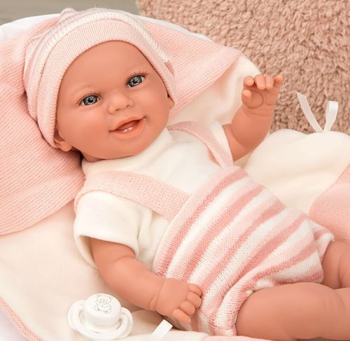 Lalka Hiszpańska 35 cm Arias 60750 bobas bez włosów miękki brzuszek, w ubranku, smoczek, wiązany kocyk z kapturem