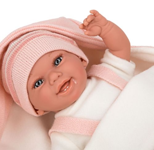 Lalka Hiszpańska 35 cm Arias 60750 bobas bez włosów miękki brzuszek, w ubranku, smoczek, wiązany kocyk z kapturem