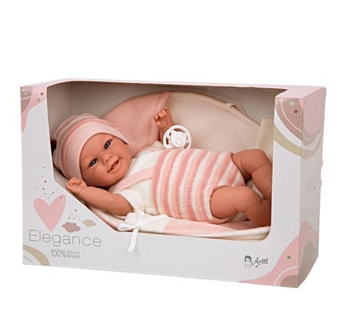 Lalka Hiszpańska 35 cm Arias 60750 bobas bez włosów miękki brzuszek, w ubranku, smoczek, wiązany kocyk z kapturem