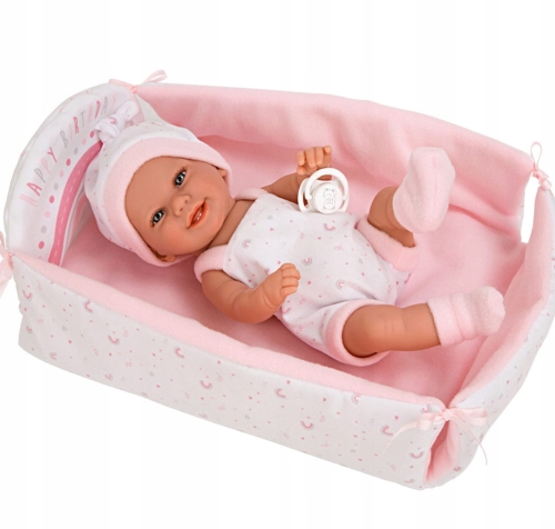 Lalka Hiszpańska 33 cm Arias 60741 cała z winylu, bobas bez włosów dziewczynka, w ubranku, smoczek, miękkie wiązane łóżeczko