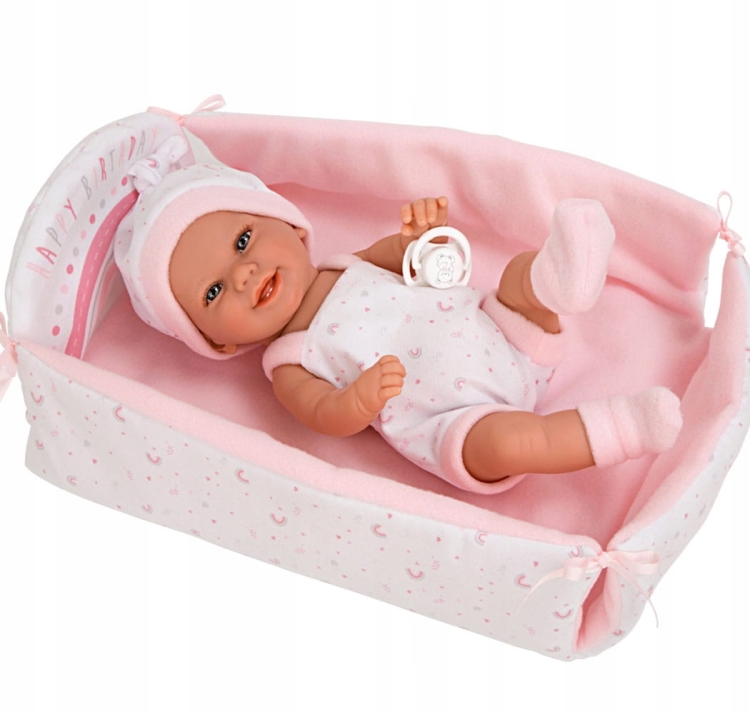 Lalka Hiszpańska 33 cm Arias 60741 cała z winylu, bobas bez włosów dziewczynka, w ubranku, smoczek, miękkie wiązane łóżeczko