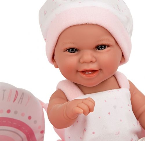 Lalka Hiszpańska 33 cm Arias 60741 cała z winylu, bobas bez włosów dziewczynka, w ubranku, smoczek, miękkie wiązane łóżeczko