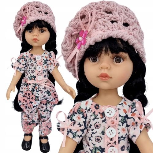 Kombinezon w kwiatuszki i beret dla lalki Paola Reina Amigas 32 cm, w kolorach pudrowego różu