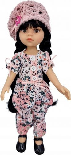 Kombinezon w kwiatuszki i beret dla lalki Paola Reina Amigas 32 cm, w kolorach pudrowego różu