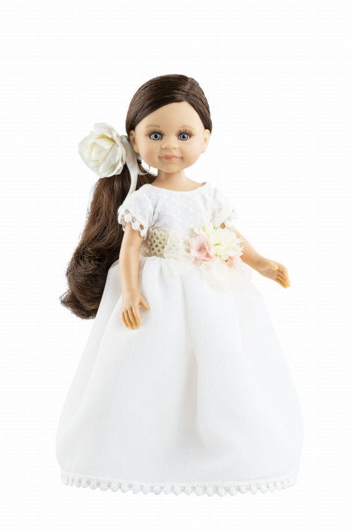 Lalka Hiszpańska 32 cm Paola Reina Amigas 04829 Noa, klasyczna, cała z winylu, niebieskie oczy, brązowe włosy, długa balowa sukienka, majteczki, buciki