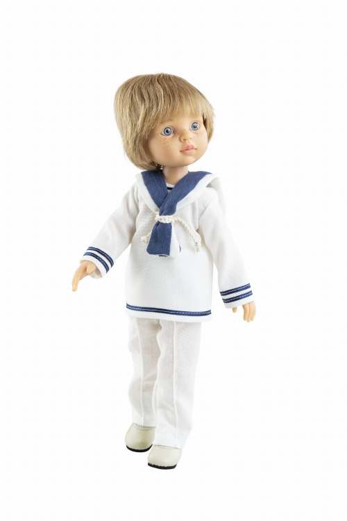 Lalka Hiszpańska 32 cm Paola Reina Amigas 04827 Martin, klasyczna, cała z winylu, niebieskie oczy, blond włosy, bluza, spodnie, buciki